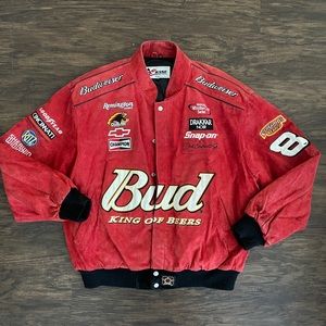 Vintage Budweiser Red Suede Dale Earnhardt Jr. NASCAR bomber jacket